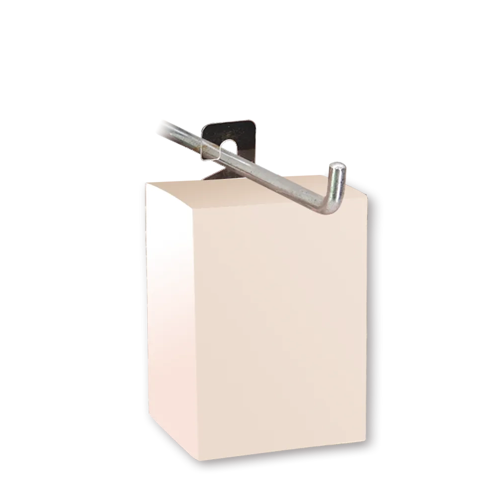 Box attached with J-hook style hang tabs with adhesive, ideal for displaying retail products on peg hooks or display racks.