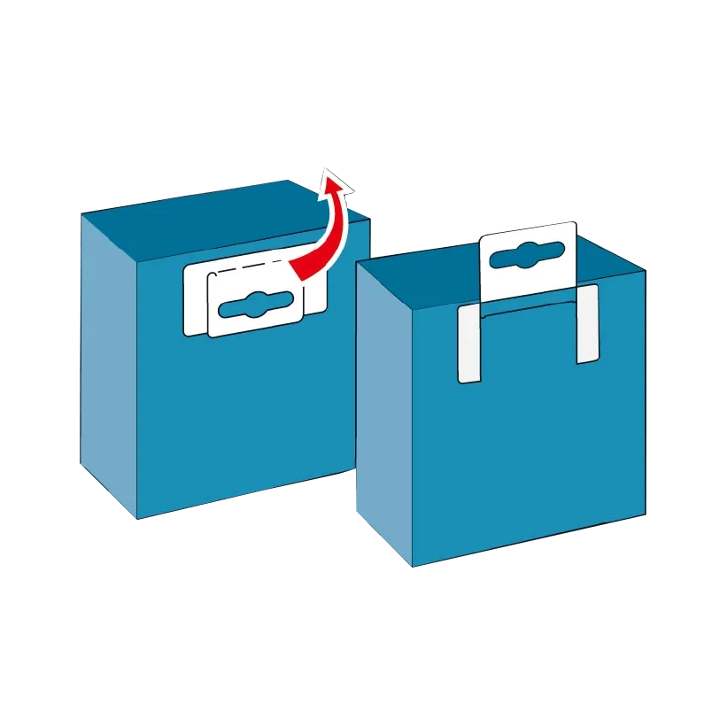 Two boxes with foldable adhesive hang tabs— one box with the tab folded flat, the other with the tab lifted and ready for hanging.